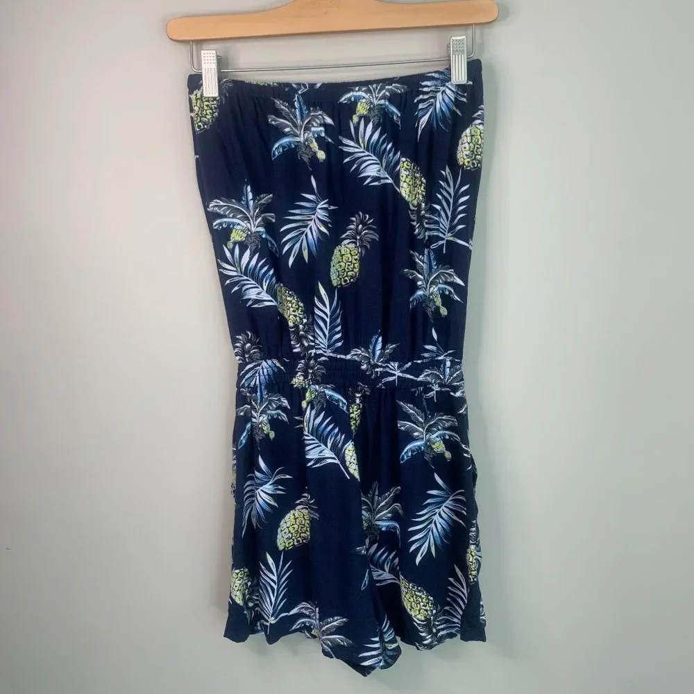 Navy blue island Tropical‎ Pineapple Palm Strapless Romper Cover-up with Pockets